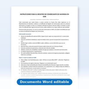 Vista de la primera página: Instrucciones-Registro de Comerciante en SURI (Hacienda)