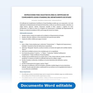 Vista de la primera página: Instrucciones-Certificado de Cumplimiento (Good Standing) del Departamento de Estado