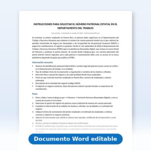 Vista de la primera página: Instrucciones-Solicitud de Número Patronal Estatal (Departamento del Trabajo)