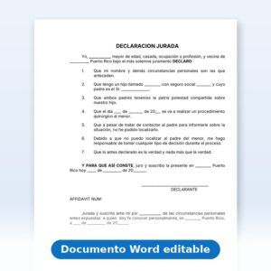 Declaración Jurada - Autorización de Cirugía de Menor sin el Padre Ausente