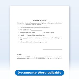 Declaración Jurada - Custodia y Pensión Alimentaria en Inglés (Sworn Statement)