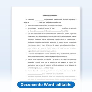 Declaración Jurada - No Administrar Vacunas - Menor de Edad (Padres)