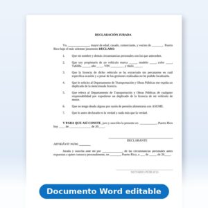 Declaración Jurada - Vehículo - Licencia del Vehículo Extraviada