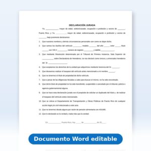 Declaración Jurada - Vehículo - Traspaso de Título de Persona Fallecida (Herederos)