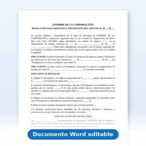 Resolución del directorio para adoptar el presupuesto [20XX-XX] reorganizado